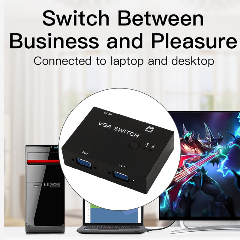 2-Port VGA Monitor Sharing Switch Box Video Selector 2 In 1 Out for HDTV PC Office DQ