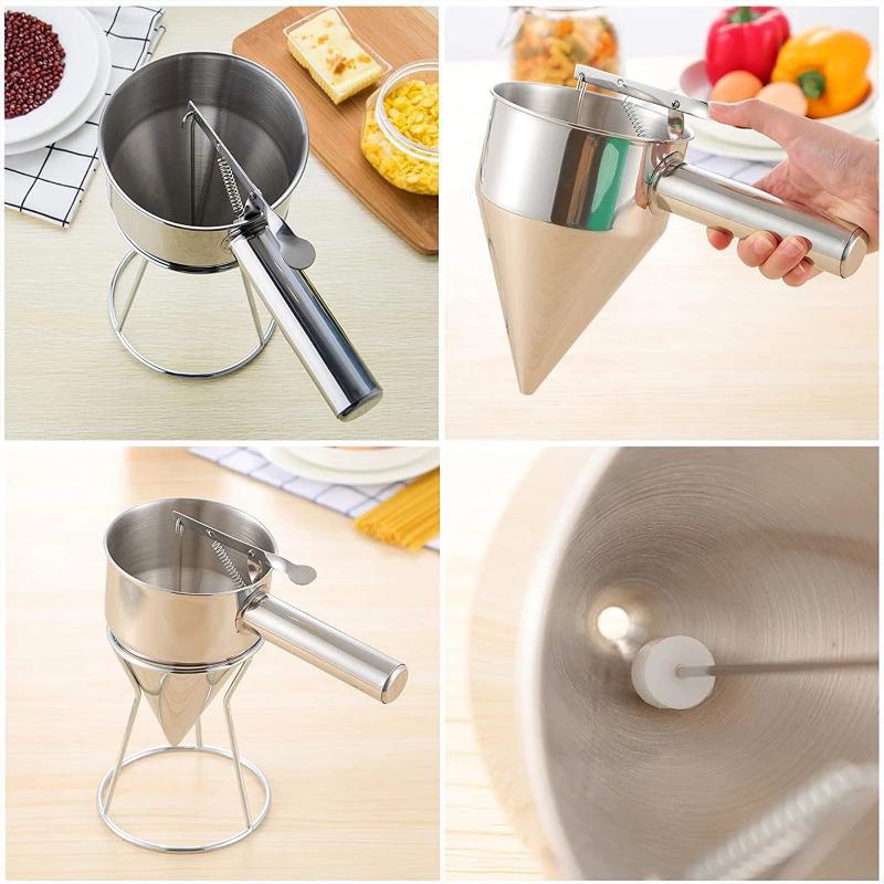 600/1200 ml Öleimer mit Halter Edelstahl Trichter Spender Cupcake Pfannkuchen Teig Octopus Ball Küche Backen Werkzeug