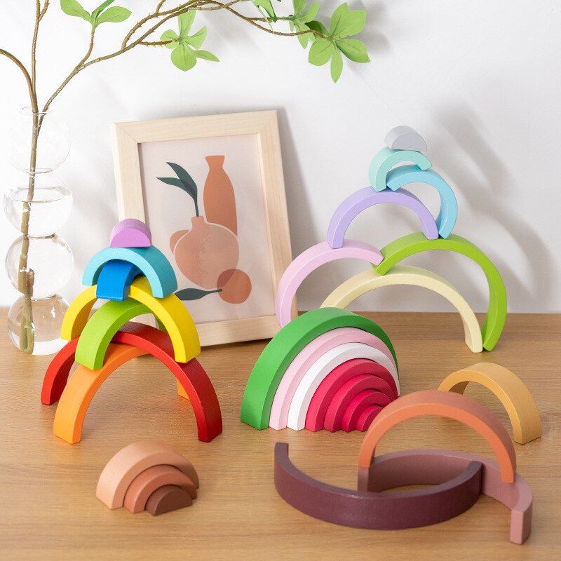 7 Stks/set Kleurrijke Macaron Houten Blokken Speelgoed Rainbow Assembleren Blokken Zuigeling Kinderen Educatief Baby Speelgoed