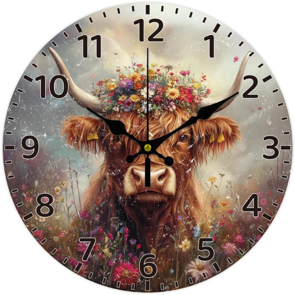 Highland Cattle Wall Clock 12 Inch Clock Flowers Non Ticking Battery Operated Decorative Round Clock for Home Kitchen Living: Default Title