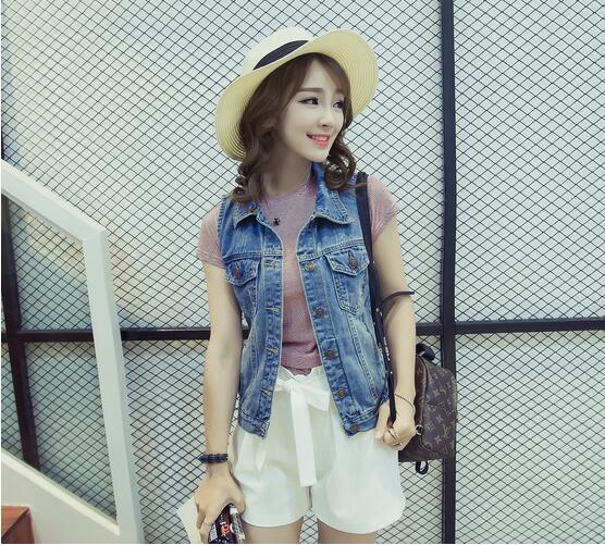 Rlyaeiz lente zomer korte denim dames vest casual slim enkelrijs colete feminino mouwloze jeans jassen jassen: Blauw / Ik