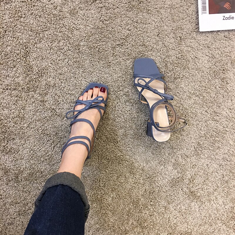 Damesschoenen sandalen zomer stijl lint strik vierkante kop dikke hak kruis veter teen hoge hakken