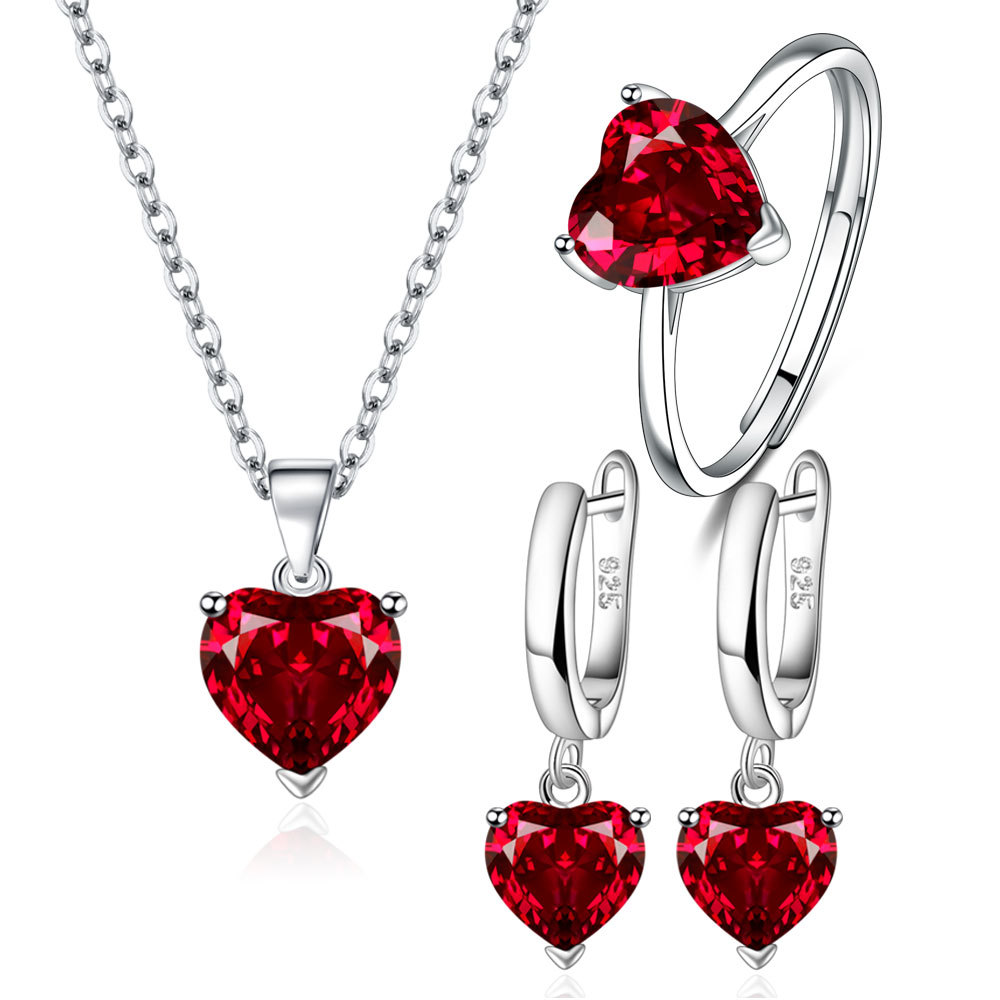 Juego De Joyas De Corazón En Plata De Ley 925 Con Circonitas | Collar, Pendientes Y Anillo Ajustable | Regalo Para Ella
