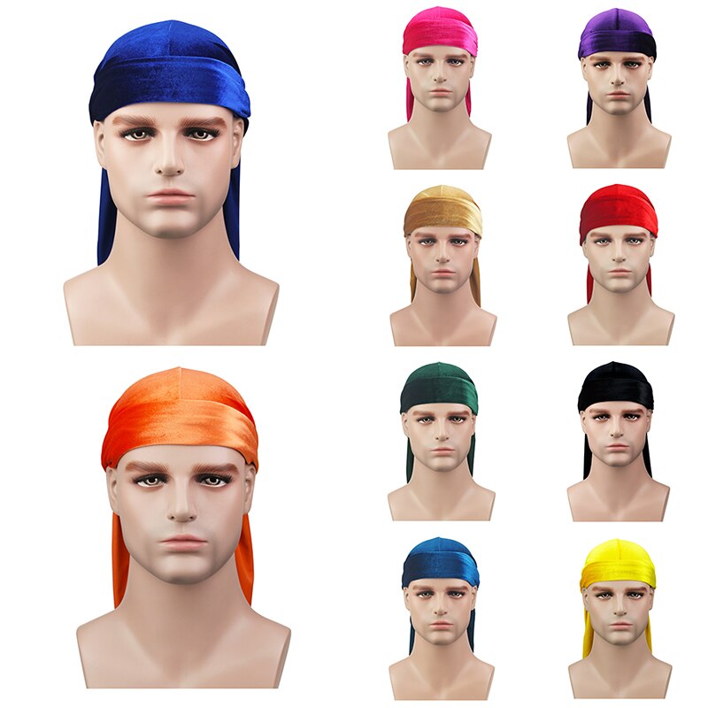 Mannen Fluwelen Lange Staart Durag Hip Hop Tulband Ademend Bandana Hoed Fluwelen Zijdeachtig Satijn Durag Doen Doo Du Rag Lange staart Headwrap