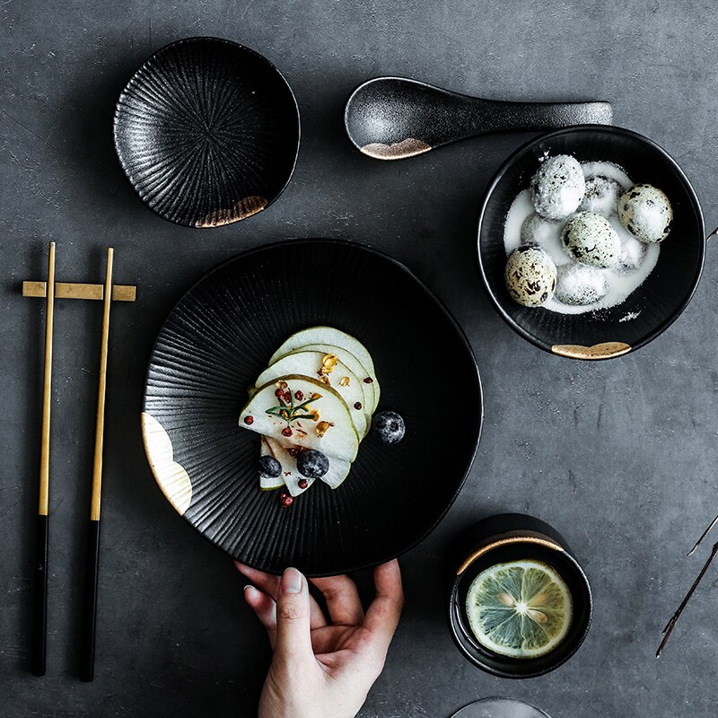 Rux workshop japansk stil gylden rand bøf keramisk tallerken sæt fade te kop suppeskål 7 tommer bordservice 200ml tekop