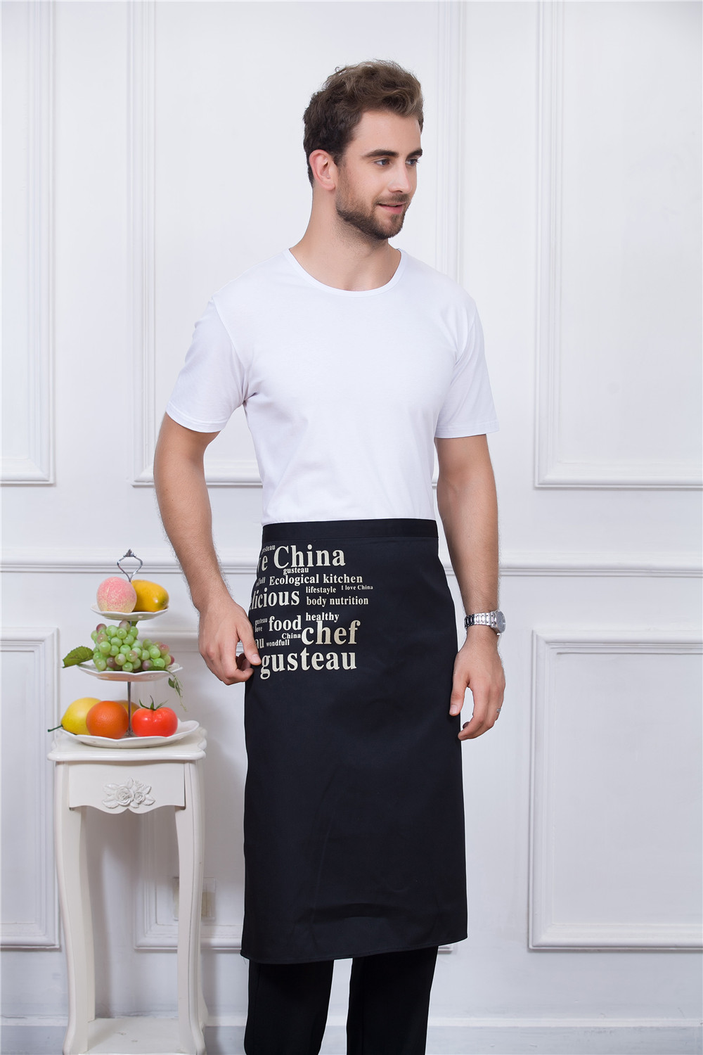5 farver unisex drage grafisk print langt køkken arbejde restaurant hjemmelavet forklæder madservice tjener hotel uniformer: Hvid