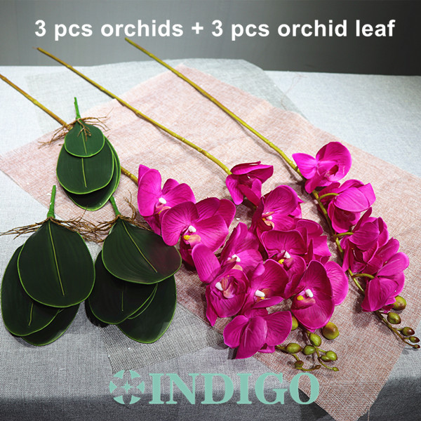 Arrangement fleur orchidée INDIGO-rouge grand 90cm (3 orchidée + 3 feuilles) vraie touche fleur décoration de fête de mariage: purple