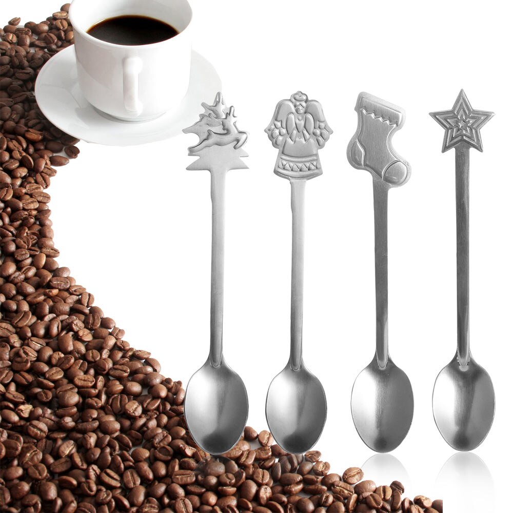 4 stk/sæt rustfrit stål juletema snemand juletræ sokker kaffeskeer is desserter ske drikke te kugler