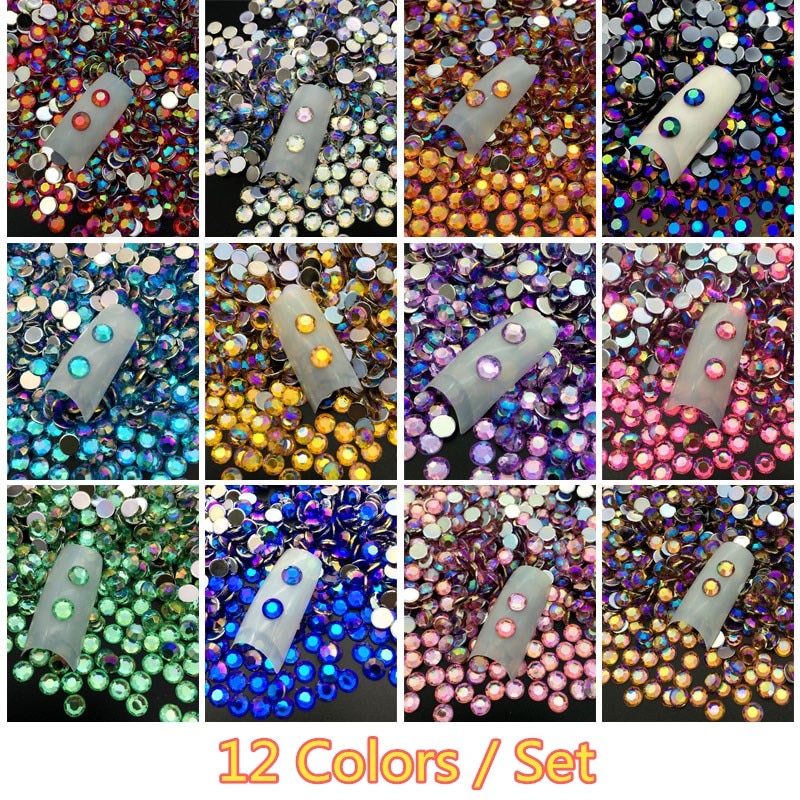 12 Kleuren/Set 5 Mm Diy 3D Acryl Crystal Rhinestones Nail Decoratie Ronde Kleurrijke Glitters Nail Art Decorations