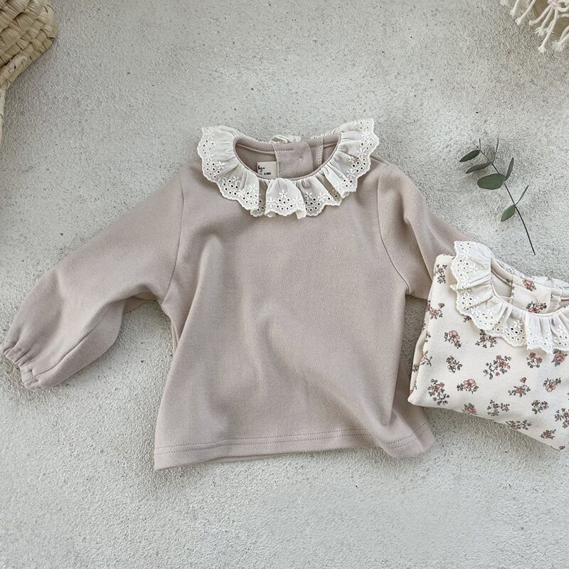 Baby Girl Spring Floral Shirts Cotton Infant Long Sleeve Tops Lace Collar Princess Blouse Kids Baby Girl Bottoming Shirt