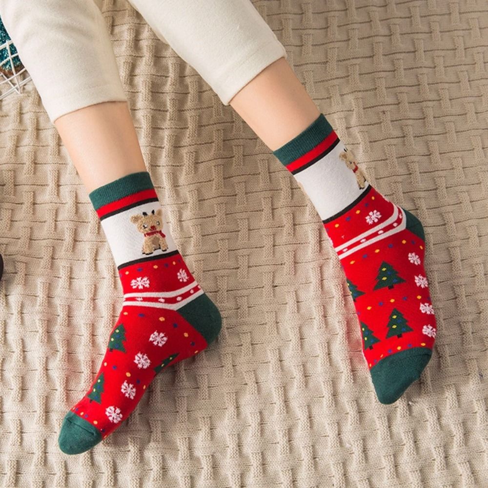 Chaussettes de Noël - Épais Coton Crew Socks - Renne & Cartoon Bas - Toutes Saisons: Beige