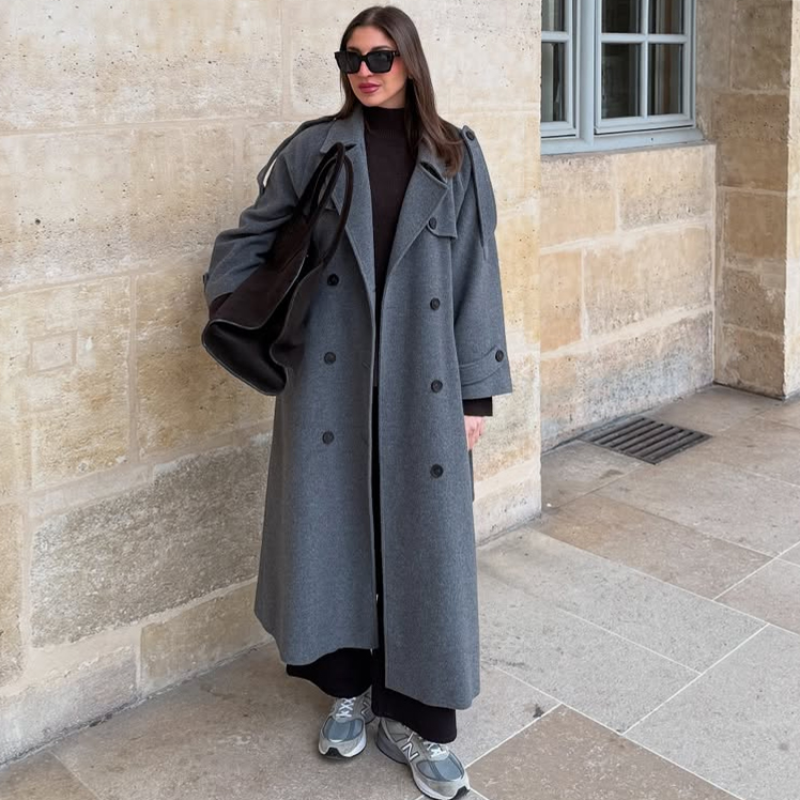 Damull långa kappor slag dubbelknäppta långärmade bruna överrockar höst vinter dam pendlingskläder ytterkläder: M / Rosa