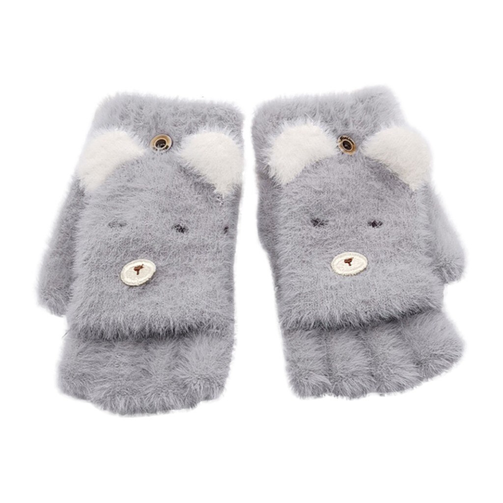 Women Winter Student Adult Christmas Deer Convertible Flip Top Fingerless Gloves Five-pointed Warm Mittens Gloves Fingerless: Gray