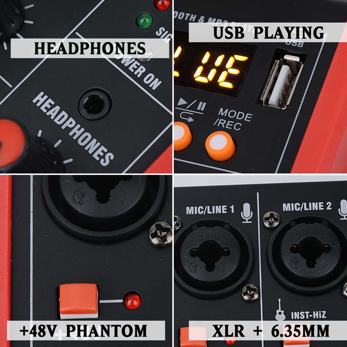 bluetooth Portable Audio Mixer w/USB DJ Sound Mixing Console MP3 Jack 4 Channel Karaoke 48V Amplifier Karaoke KTV Match Party