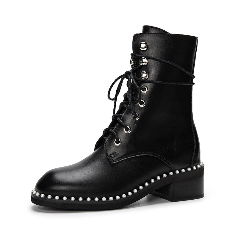 Martin Boots Female Handsome Autumn and Winter Flat-bottomed Thick-soled Locomotive British Style Pearl Short Boots Women: Black NO Warm / 36