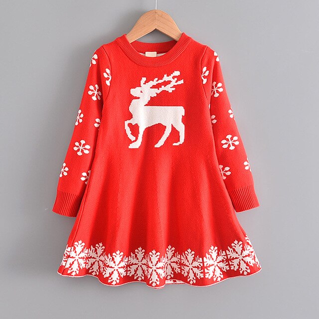 Gonna maglione per ragazze cervo natalizio abito a maniche lunghe autunno e inverno gonna per bambini ispessita neonata abito da neve di natale: Red / 9