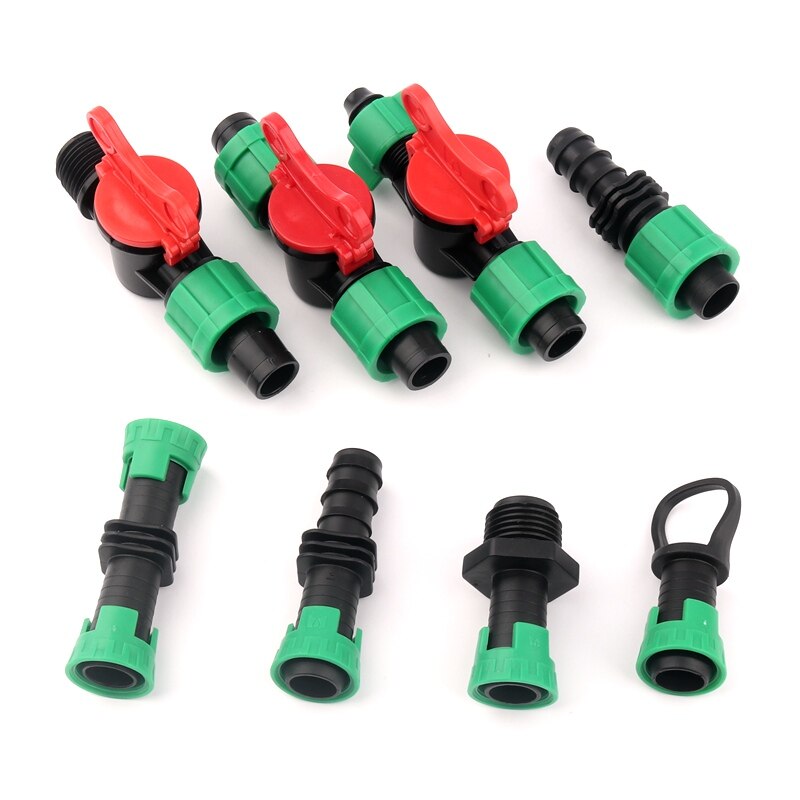 5Pcs/Lot 16mm Micro Irrigation Drip Tape Connectors Thread Locked Shut-Off Valve Elbow Tee Agricultural Drip Irrigation Fittings