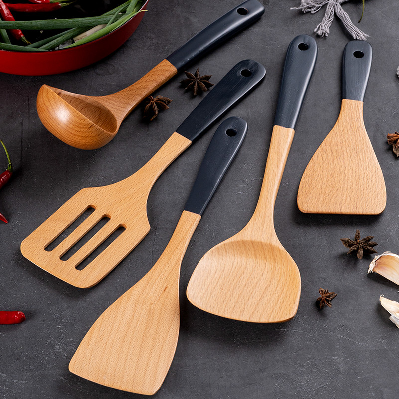 Solid Wood Handle Non Stick Cooking Pot Set Soup Spoon Rice Scoop Spatula Kitchen Cookware Utensils Set Home Gadget Tools Sets