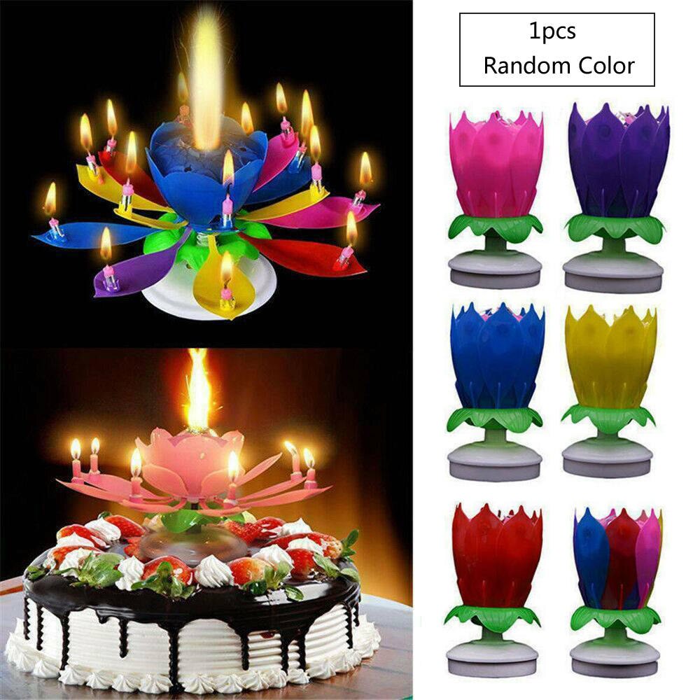 Magic Cake Birthday Lotus Flower Candle Blossom Musical Rotating Decoration Double Lotus Candles Plastic And Wax