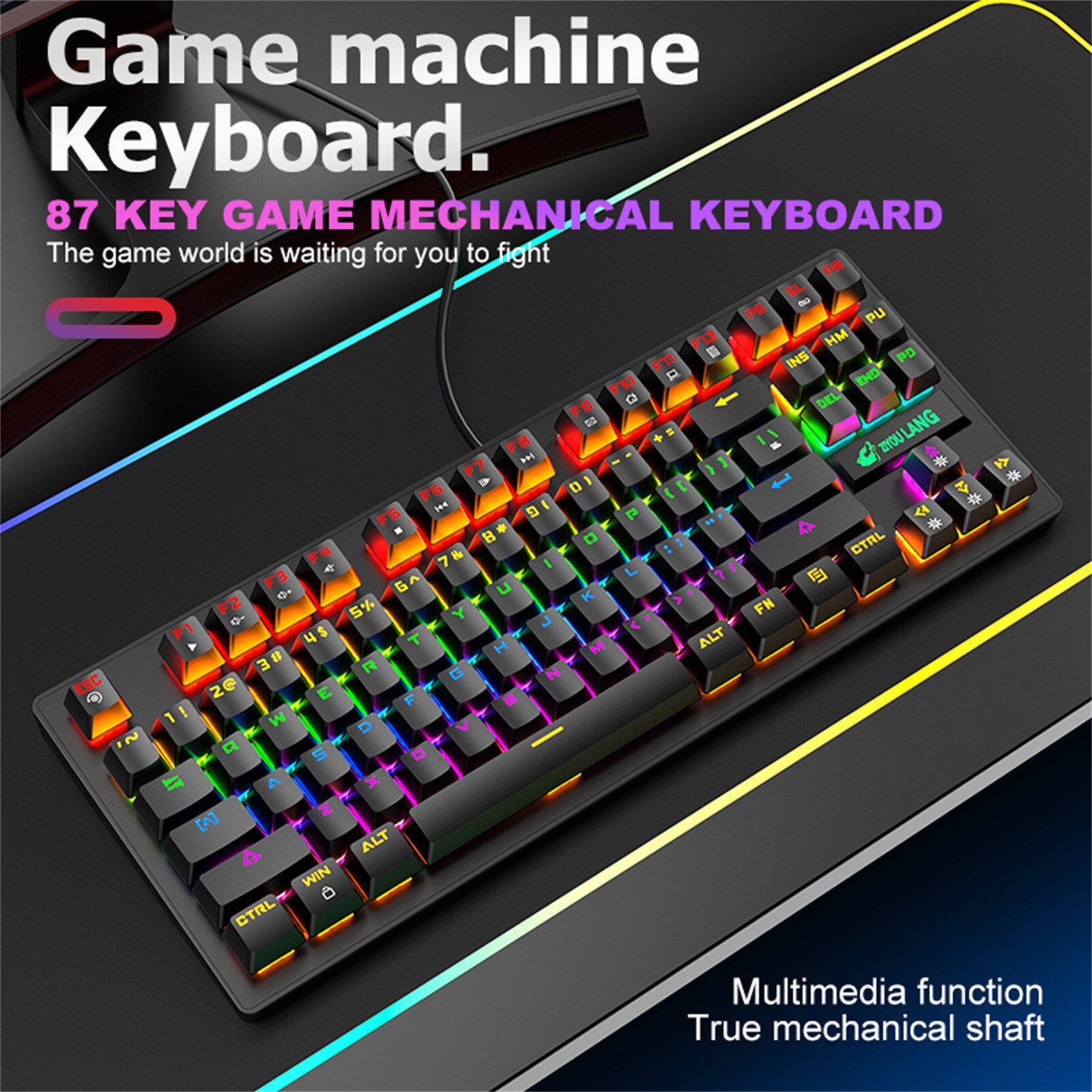 K2 Mechanical Keyboard 87 Keys Layout LED Rainbow Backlit Blue Switches Wired Gaming Mechanical Keyboard For Desktop