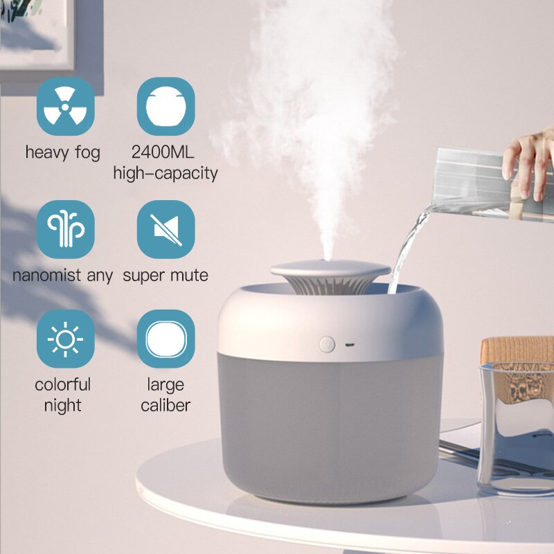 2.4L Large Capacity USB Ultrasonic Air Humidifiers 7colors LED Light Aroma Diffuser Home Office Car Mist Fragrance Diffusers