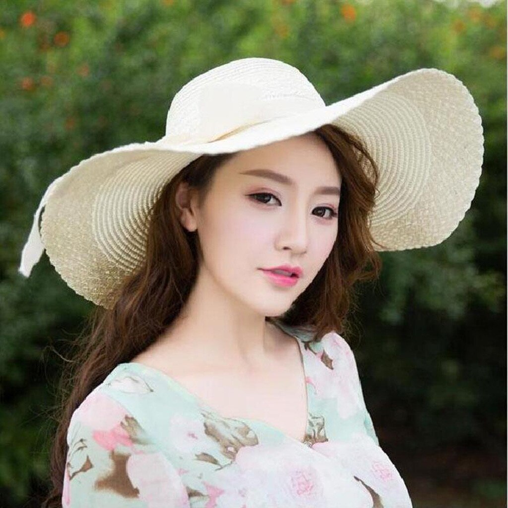 Women Colorful Big Brim Straw Bow Hat Sun Floppy Wide Brim Hats Beach Cap: BG