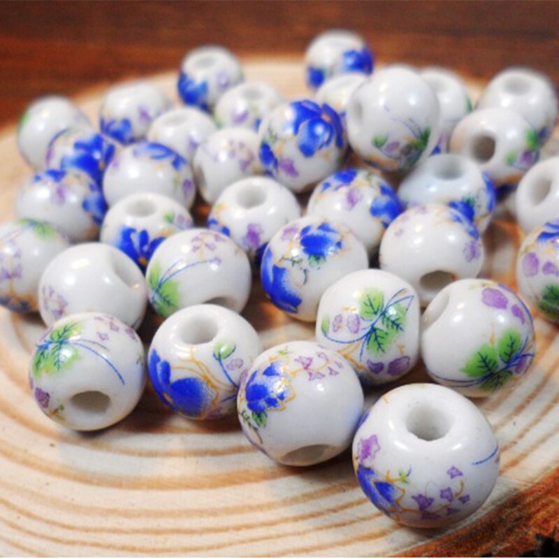 50Pcs 10mm Jingdezhen Big Hole Ceramic Beads Flower Porcelain Beads Handmade For Bracelet Making DIY Jewelry Making