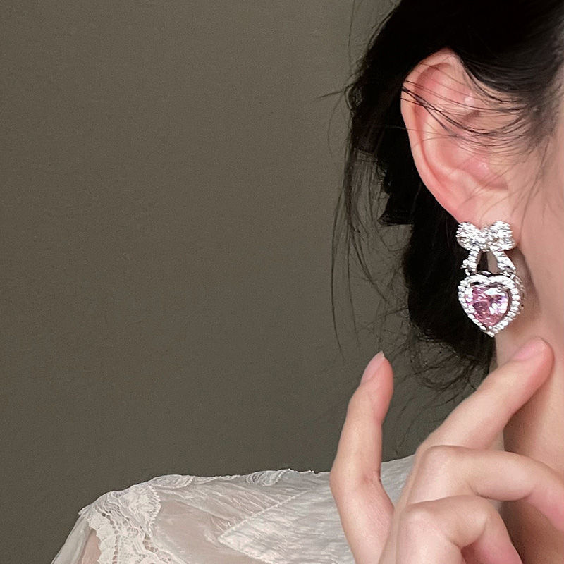 Korean Pink Pendant Earrings Princess Full Rhinestone Bow Love Heart Earrings Women's Wedding Aesthetic Jewelry