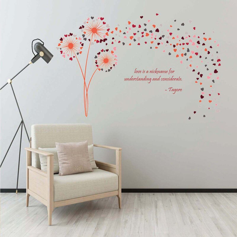 Muursticker met paardenbloem in de vorm van een hart in de vorm van een veelkleurige roos voor een bruiloft, romantische decoratie voor thuis, muurschilderingen, paardenbloemstickers