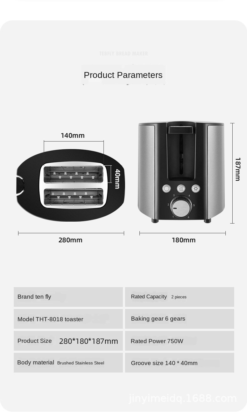 Stainless Steel Electric Toaster 2 Slices Slot Automatic Breakfast Bread Maker Sandwich Baking Heater Mini Toast Oven Grill220V