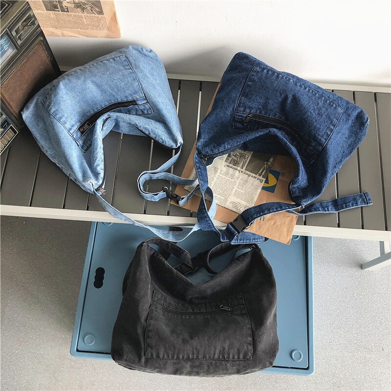 Student Casual Daily Jeans Shoulder Bag Female Teenager High Street Tide Denim Fabric Big Capacity Crossbody Messenger Bag