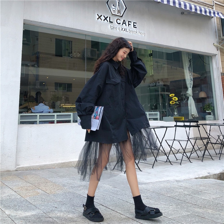 SuperAen estilo coreano camisa de las mujeres de algodón casual salvaje de blusas Mujer primavera costura de malla de ropa de las mujeres: Default Title
