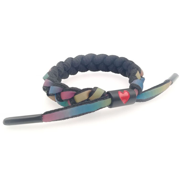 Holographic Reflective Peach Heart Bracelet Couple Color Changing Bracelet Man and Woman Students Safety Hand-Woven Bracelet: color-black