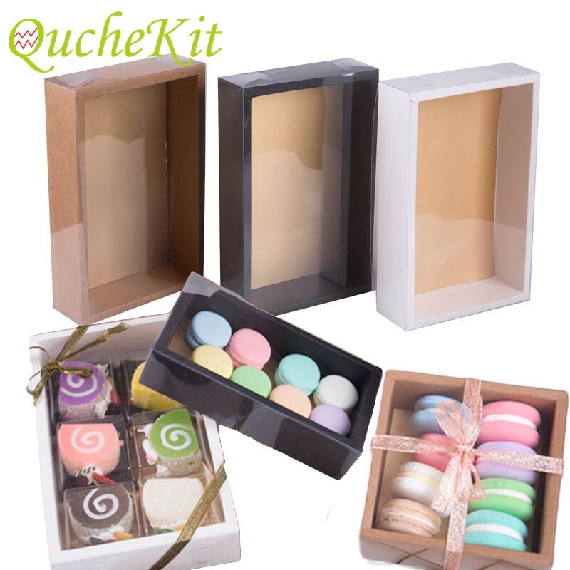 10 Uds caja de de Kraft ventana PVC transparente Galleta de macarrón caramelo pastel caja de embalaje con tapa transparente de Navidad Favor de Partido de la boda