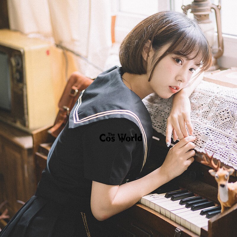 [The Night Meteor] Black Summer Navy Sailor Suit Tops Skirts JK High School Uniform Class Uniform Students Cloth