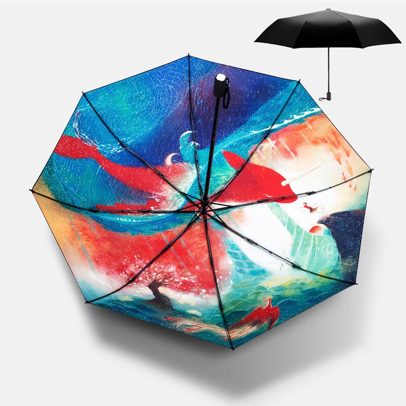 Vijverkarpers printen dames dames regen- en zonneparaplu 3 opvouwbare 8 baleinen zonnescherm uv-bescherming paraplu's guarda chuva: 8