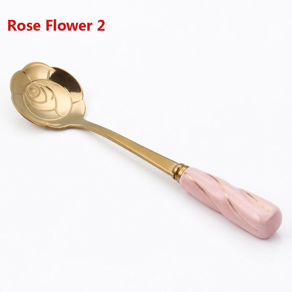 Cherry Blossom Rose Flower Spoon Gold Silk Ceramic Handle Sweet Spoons Gold-plated Coffee Stirring Spoon Tableware: Rose Flower 2