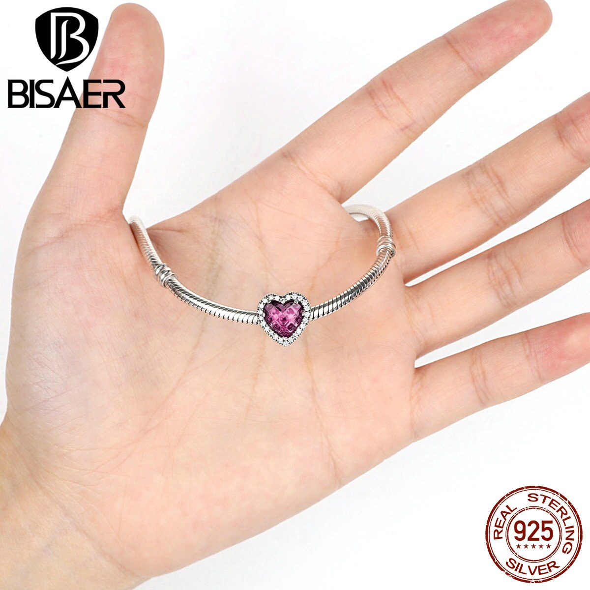 BISAER Pendenti E Ciondoli 925 sterlina Argento radiante Cuori di Pietra Rosa Perline a Forma di Cuore Misura I Braccialetti Gioielli FAI DA TE Accessori EDC055