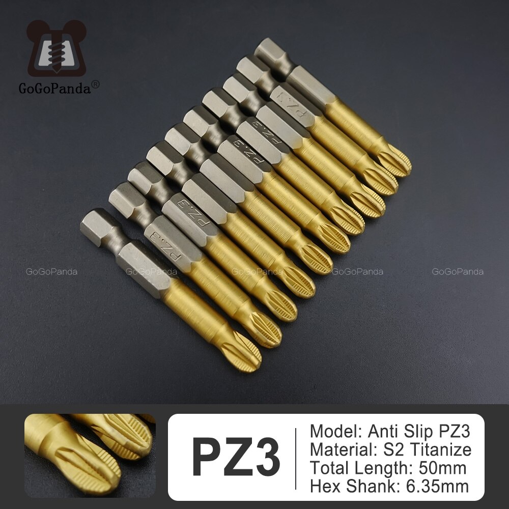 10 stk 50mm s2 titaniser pozidrive bits sekskantet skridsikker skruetrækkerbit magnetisk enkelt hoved  pz1 / pz2 / pz3: 50mm pz3