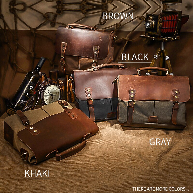 MARKROYAL Vintage Crazy Horse cuero lona bolsas de mensajero maletín para ordenador portátil bolso cruzado
