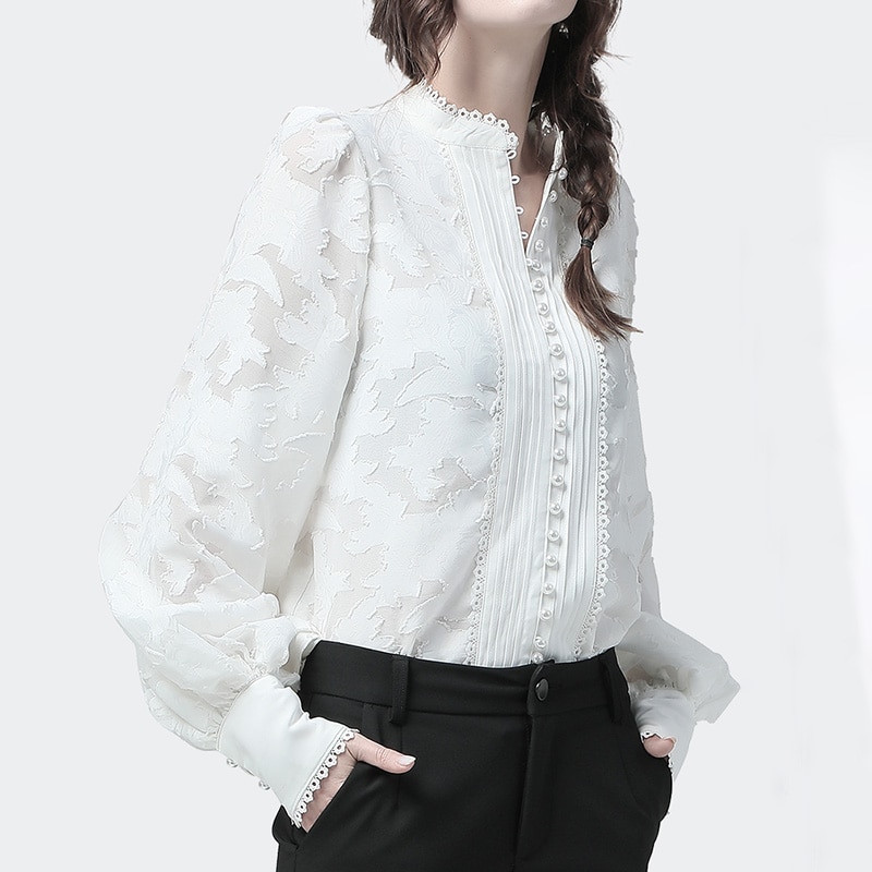 Twotwinstyle Patchwork Lace Vrouwen Shirts Lantaarn Lange Mouwen Stand Kraag Koreaanse Shirt Blouse Vrouwelijke Herfst Mode