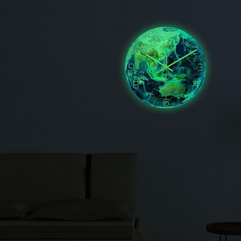 3D Acrylic Luminous Earth Wall Clock Planet Print Clock Study Room Bedroom Living Room Decoration for Kids Baby Room