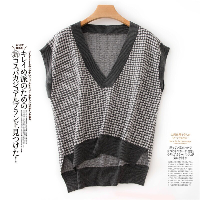 Femmes cachemire pull automne sans manches motif en vrac automne hiver tricoté grand col en v femmes femme pull gilet décontracté: Gris foncé