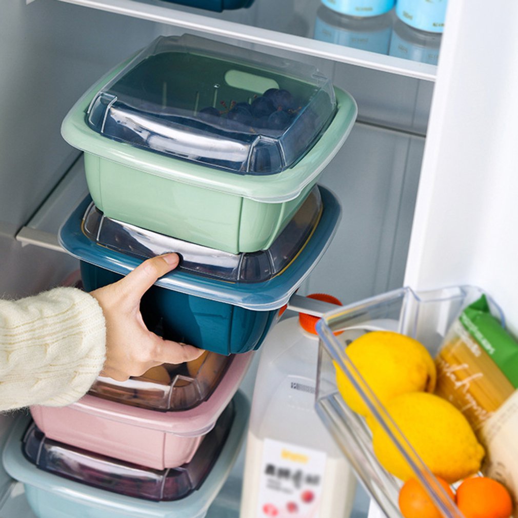 Multifunctionele Dubbele Laag Afvoer Mand Met Deksel Keuken Koelkast Afvoer Opbergdoos Plastic Fruit Opslag Mand