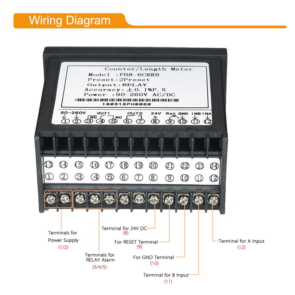 Compteur numérique à double affichage à 6 chiffres FH8-6CRRB Diode électroluminescente, 90 ~ 265V AC/DC, avec 2 sorties de relais et impulsion
