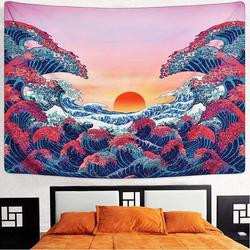 Ocean Wave Tapestry Sunset Tapestry 3D Great Wave Tapestry Japanese Tapestry for Room: 150x130 cm
