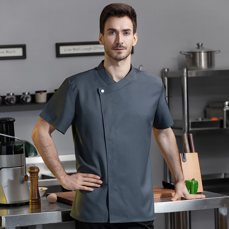 Chef Uniform Short Sleeve Summer Workwear Solid Color Slant Collar Unisex For Kitchen Staff: L / Burgundy