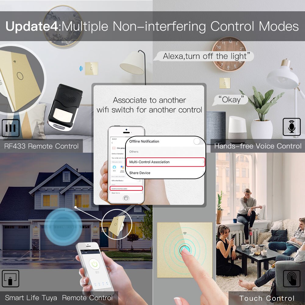 Interruptor inteligente RF433 con WiFi, dispositivo con Control por voz, 2/3 vías, Smart Life/Tuya, Alexa, Google Home, 1/2/3 entradas, oro