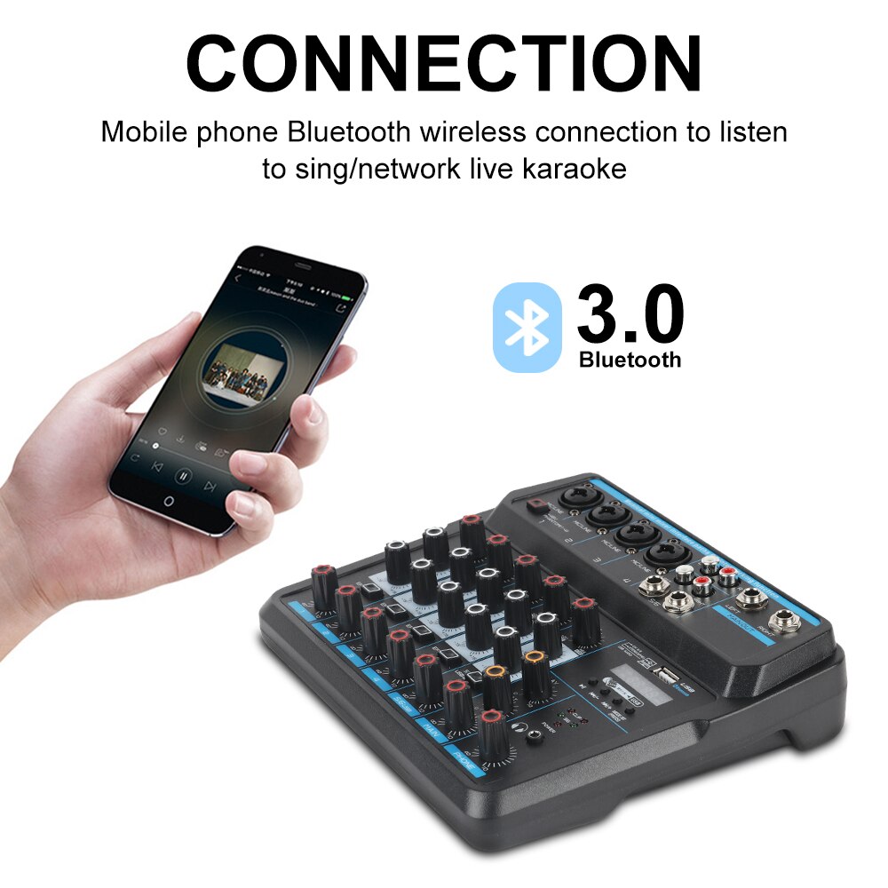 XTUGA AM4/AM6 Protable Audio Mixer with Sound Card,Bluetooth,USB, 48V Phantom Power for PC/Recording/ Live Show/ Party