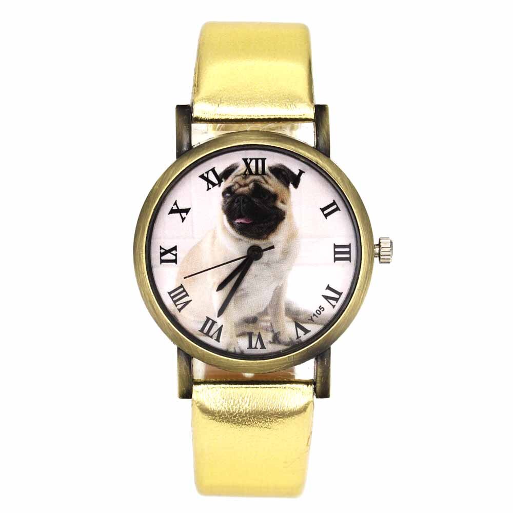 Mops Haustier Hund PU Leder Band Uhren männer frauen lässig Silikon Band Armbinde unisex Sport Quarz Handgelenk uhr: Gold